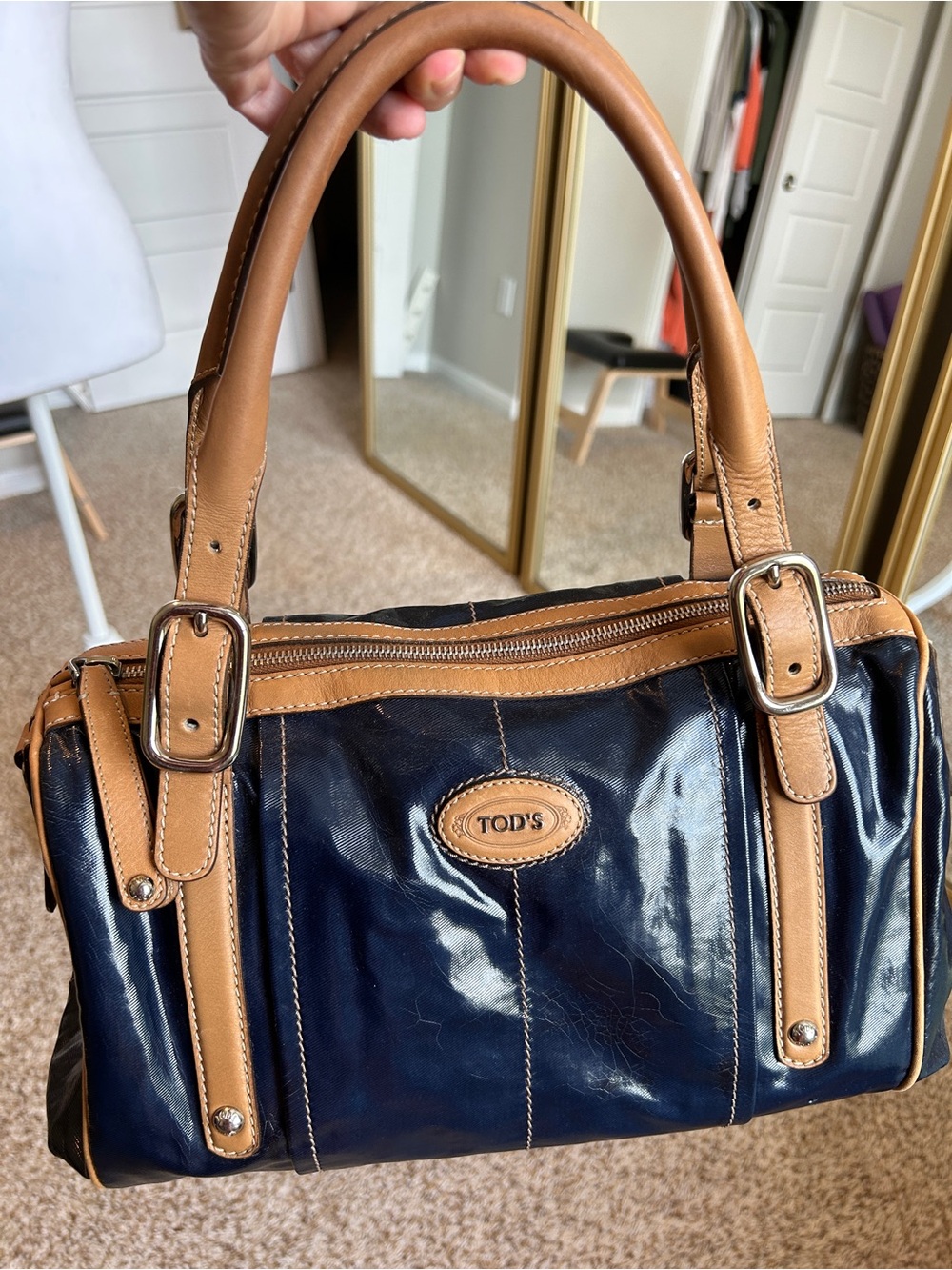TOD’S Navy Patent Coated Canvas Satchel with Brown Leather Trim - Picture 2 of 16